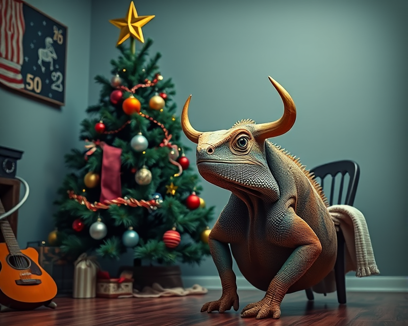 christmas tree, iguana, bull, towel, chair